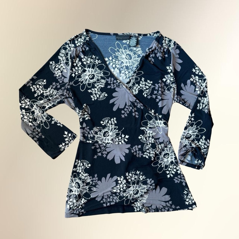 Women's Black Floral Wrap-Style Top